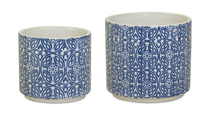 Set of Two Blue And White Ceramic Medallion 3 Ounce Round Pot Planters
