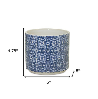 Set of Two Blue And White Ceramic Medallion 3 Ounce Round Pot Planters