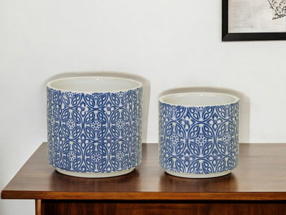 Set of Two Blue And White Ceramic Medallion 3 Ounce Round Pot Planters