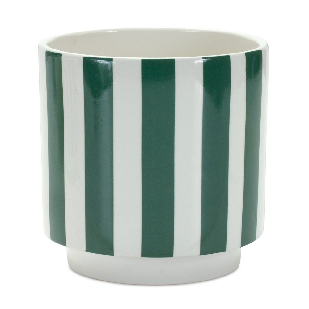 Set of Two Green And White Dolomite Striped 4 Ounce Round Pot Planters