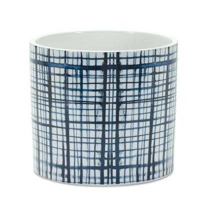 Set of Two White And Blue Ceramic Lattice 2 Ounce Round Pot Planters