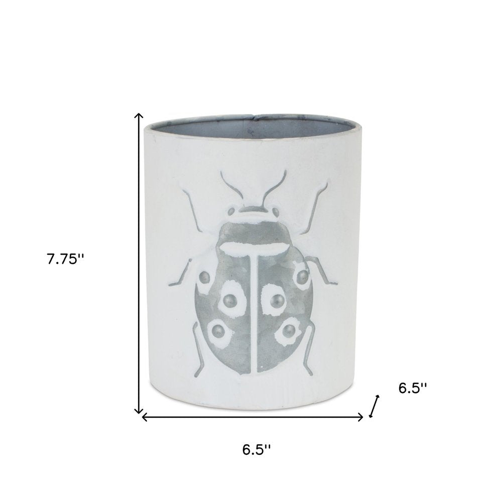 Set of Three White And Gray Metal 9 Ounce Abstract Round Distressed Pot Planters