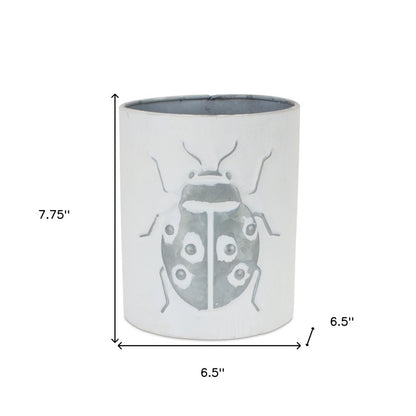 Set of Three White And Gray Metal 9 Ounce Abstract Round Distressed Pot Planters