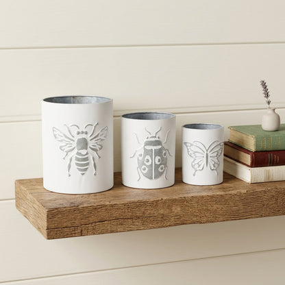 Set of Three White And Gray Metal 9 Ounce Abstract Round Distressed Pot Planters