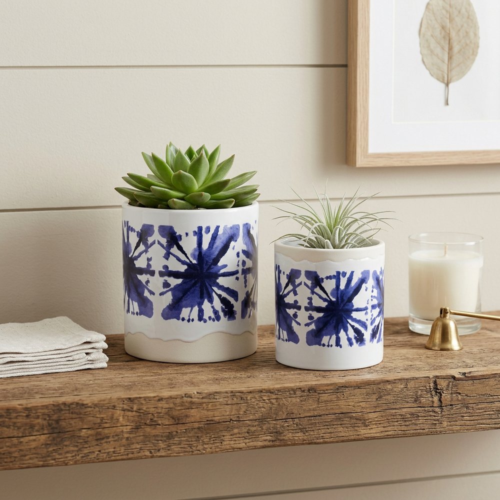 Set of Two White And Blue Ceramic 5 Ounce Abstract Round Pot Planters