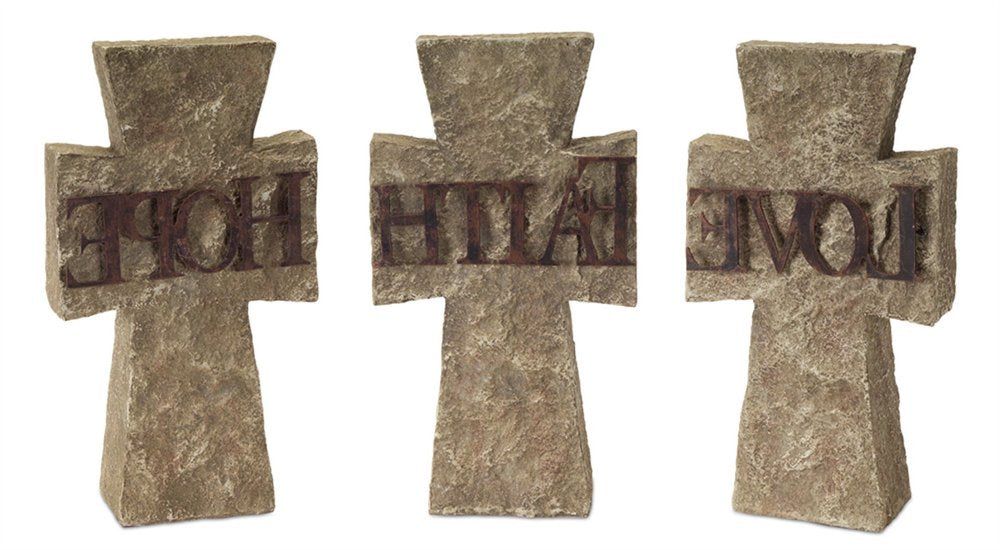 Set of Three 11" Gray Cement Cross Statue Tabletop Sculpture