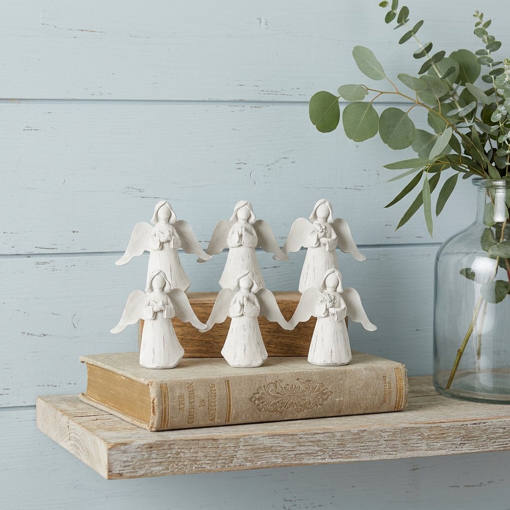 Set of Six 6" White Washed Polyresin Angel Figurine Tabletop Sculpture