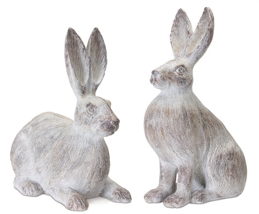 Set of Two 17" White Washed Polyresin Rabbit Tabletop Sculptures