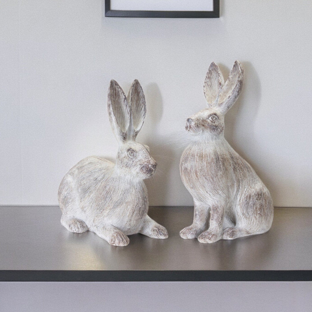 Set of Two 17" White Washed Polyresin Rabbit Tabletop Sculptures
