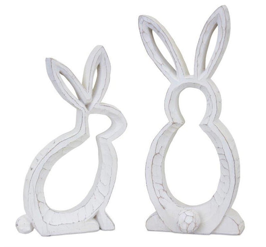 Set of Two White Polyresin Rabbit Statue Tabletop Sculpture