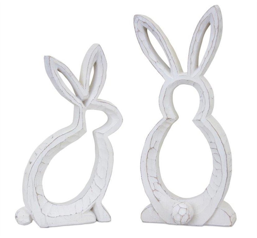 Set of Two White Polyresin Rabbit Statue Tabletop Sculpture