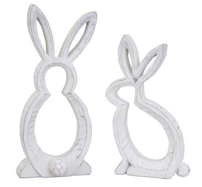 Set of Two White Polyresin Rabbit Statue Tabletop Sculpture