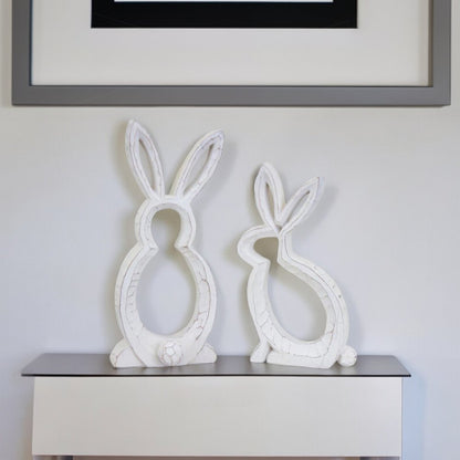 Set of Two White Polyresin Rabbit Statue Tabletop Sculpture
