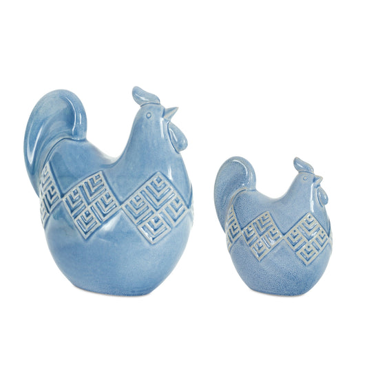 Set of Two Blue Ceramic Chicken Figurines