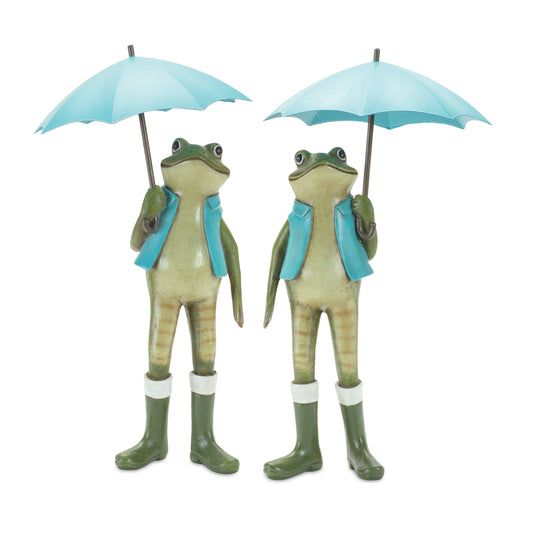 Set of Two 11" Blue And Green Cement Frog Statue Tabletop Sculpture