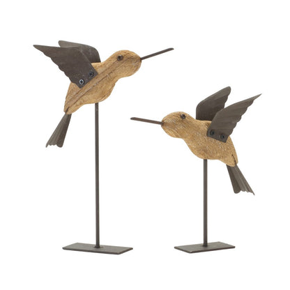 Set of Two 8" Natural Wood And Metal Bird Figurine Tabletop Sculpture