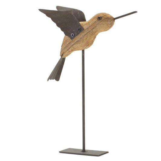Set of Two 8" Natural Wood And Metal Bird Figurine Tabletop Sculpture