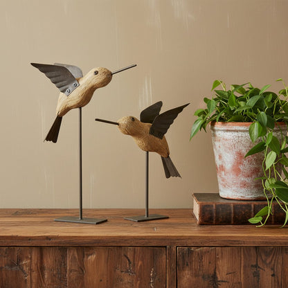 Set of Two 8" Natural Wood And Metal Bird Figurine Tabletop Sculpture