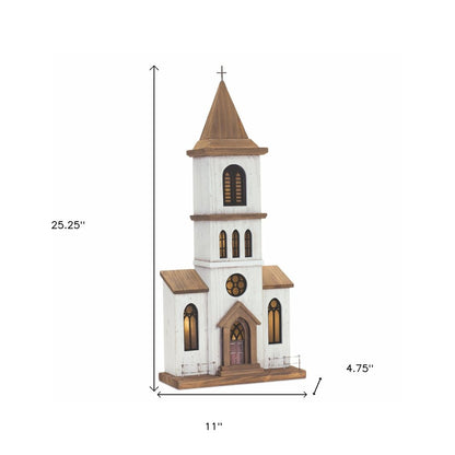 25" Brown And White Wood And Metal Church Tabletop Sculpture