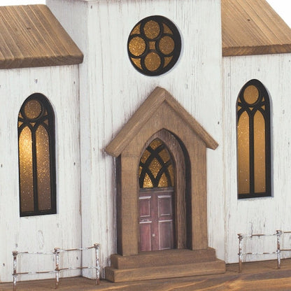 25" Brown And White Wood And Metal Church Tabletop Sculpture