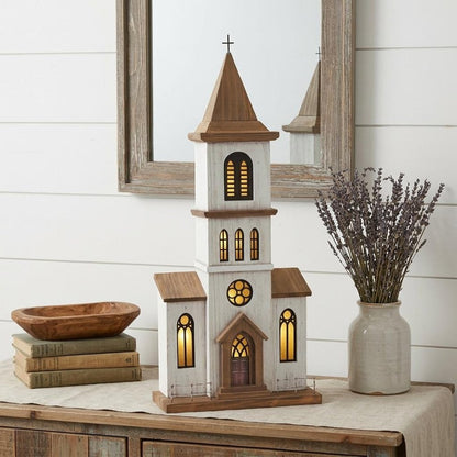 25" Brown And White Wood And Metal Church Tabletop Sculpture