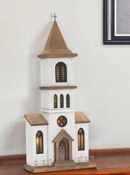 25" Brown And White Wood And Metal Church Tabletop Sculpture