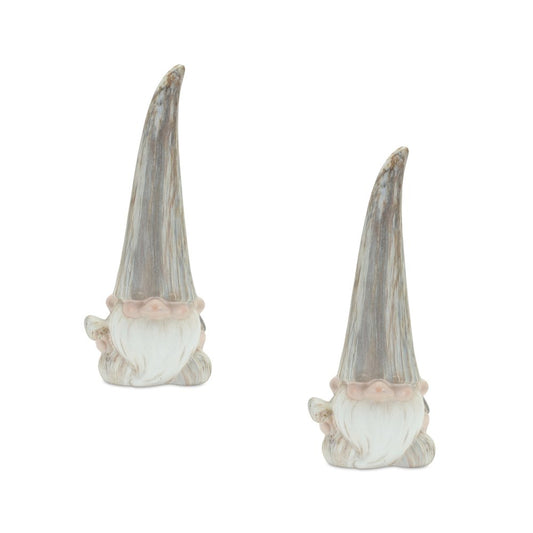 Set of Two Gray and Beige Terracotta Fairy Christmas Standing Gnome Tabletop Sculpture