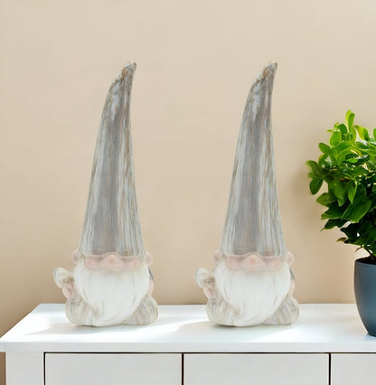 Set of Two Gray and Beige Terracotta Fairy Christmas Standing Gnome Tabletop Sculpture