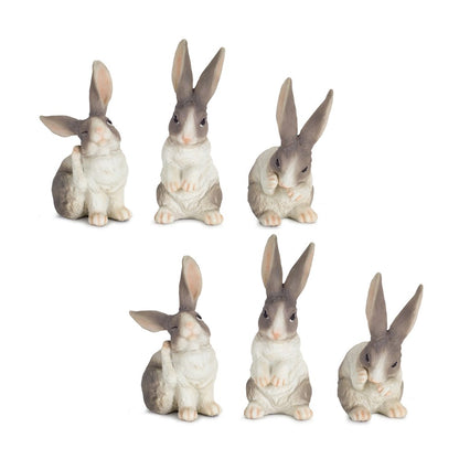 Set of Six 7" Gray And White Polyresin Rabbit Figurine