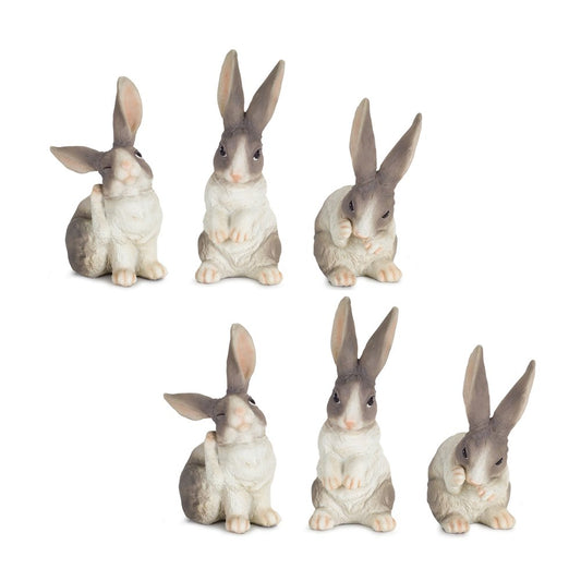 Set of Six 7" Gray And White Polyresin Rabbit Figurine