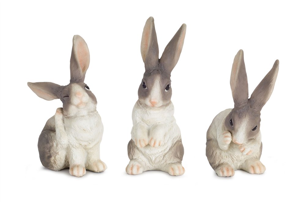 Set of Six 7" Gray And White Polyresin Rabbit Figurine