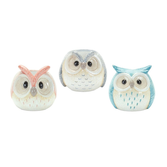 Set of Three 4" Blue And Gray Resin Owl Figurine