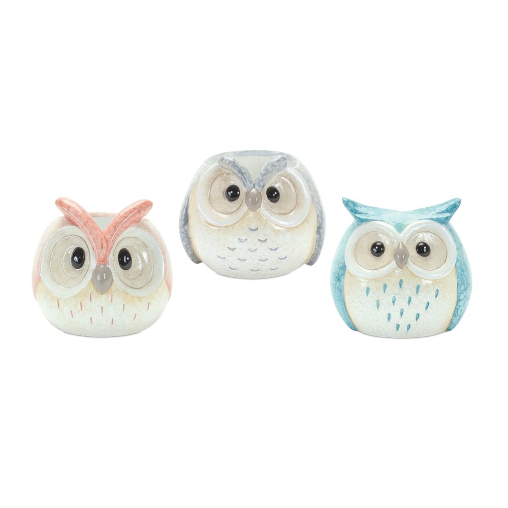 Set of Three 4" Blue And Gray Resin Owl Figurine