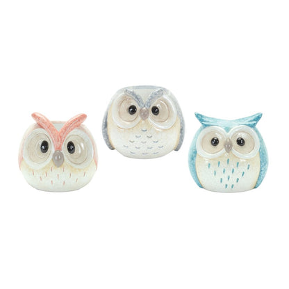 Set of Three 4" Blue And Gray Resin Owl Figurine