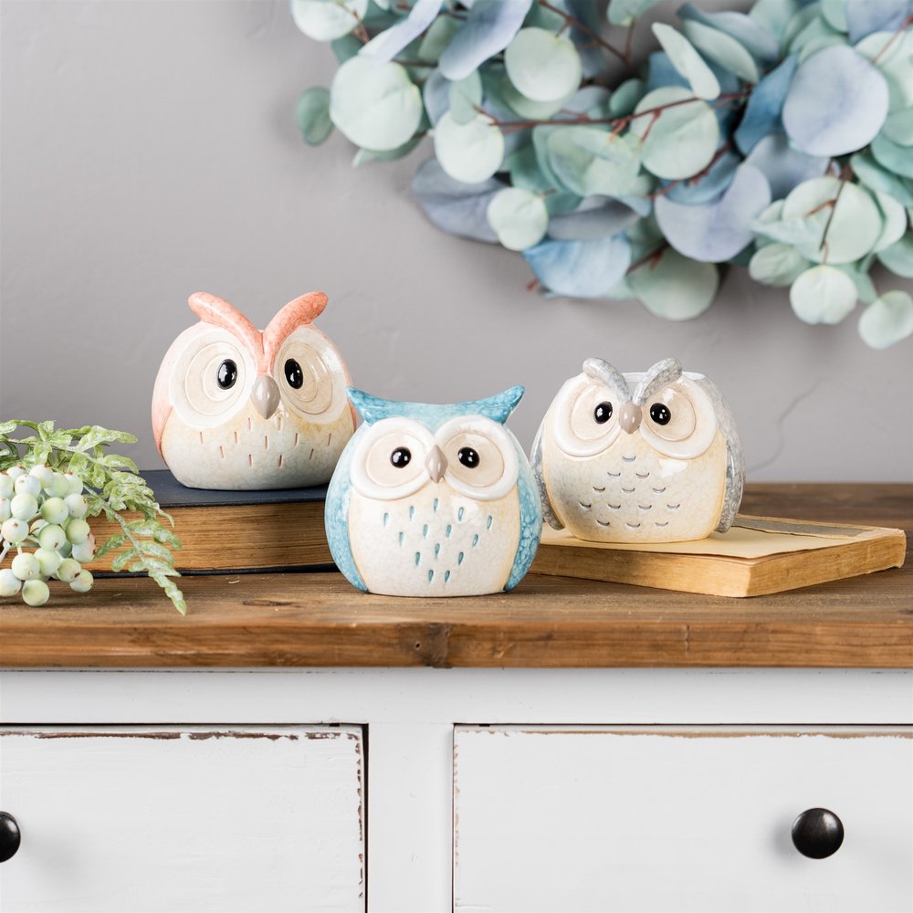 Set of Three 4" Blue And Gray Resin Owl Figurine