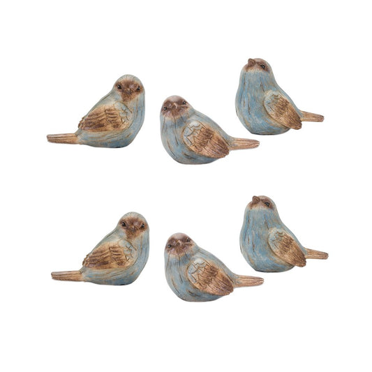 Set of Six 3" Blue And Brown Polyresin Bird Figurine Tabletop Sculpture