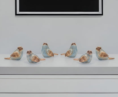 Set of Six 3" Blue And Brown Polyresin Bird Figurine Tabletop Sculpture