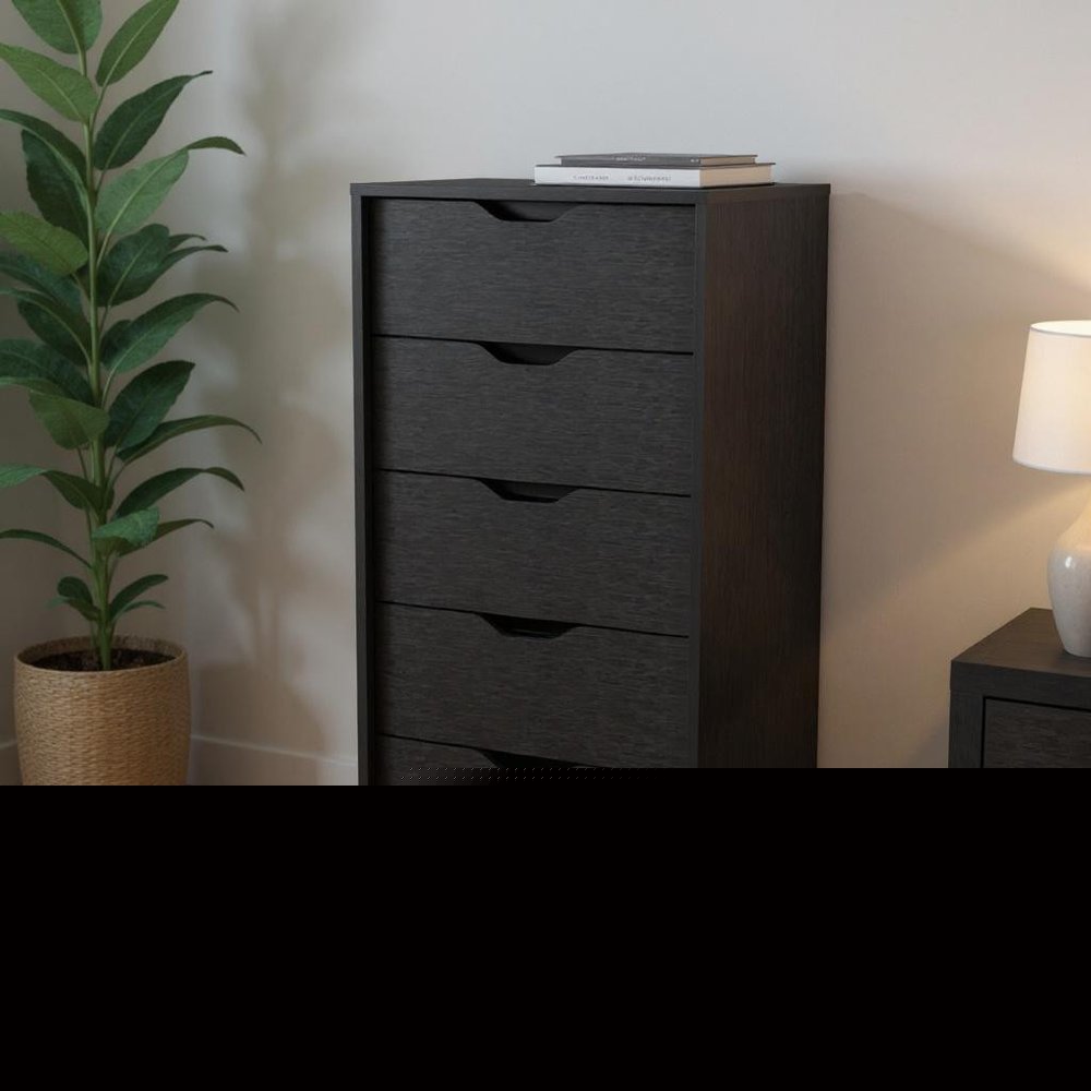 18" Black Charcoal Manufactured Wood Five Drawer Tall and Narrow Dresser