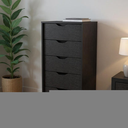 18" Black Charcoal Manufactured Wood Five Drawer Tall and Narrow Dresser