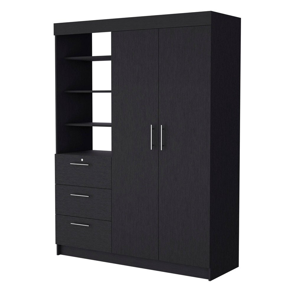 79" Black Wood And Metal Two Door Three Drawer Combo Dresser