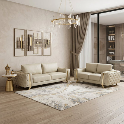 Two Piece Indoor Beige Italian Leather Five Person Seating Set