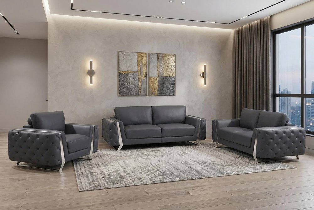 Three Piece Indoor Dark Gray Italian Leather Six Person Seating Set