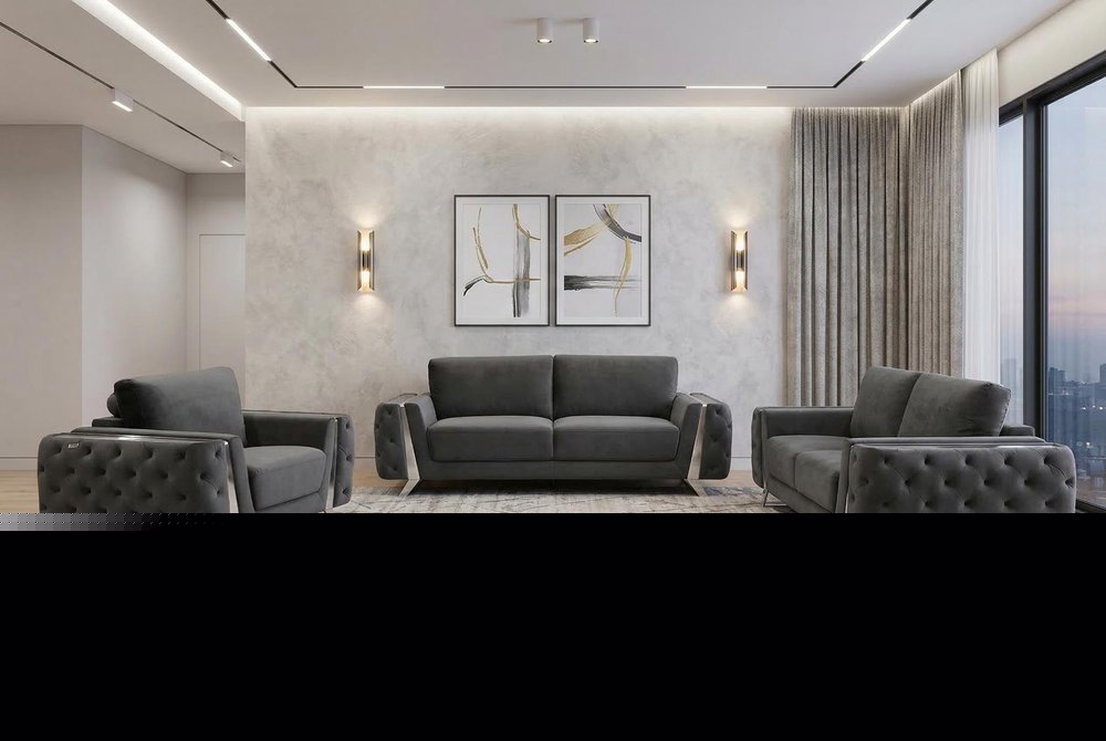 Three Piece Indoor Dark Gray Velvet Six Person Seating Set
