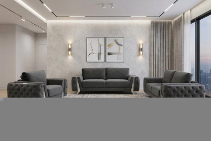 Three Piece Indoor Dark Gray Velvet Six Person Seating Set