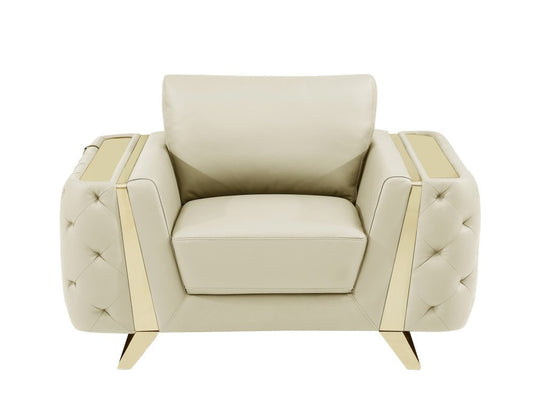 50" Beige And Gold Genuine Leather Tufted Club Chair
