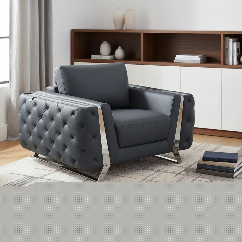 50" Dark Gray And Silver Faux Leather Tufted Club Chair