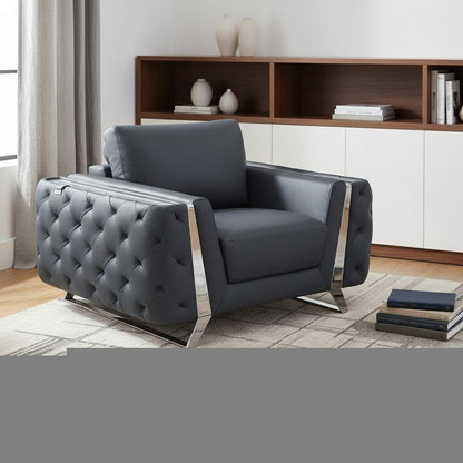 50" Dark Gray And Silver Faux Leather Tufted Club Chair