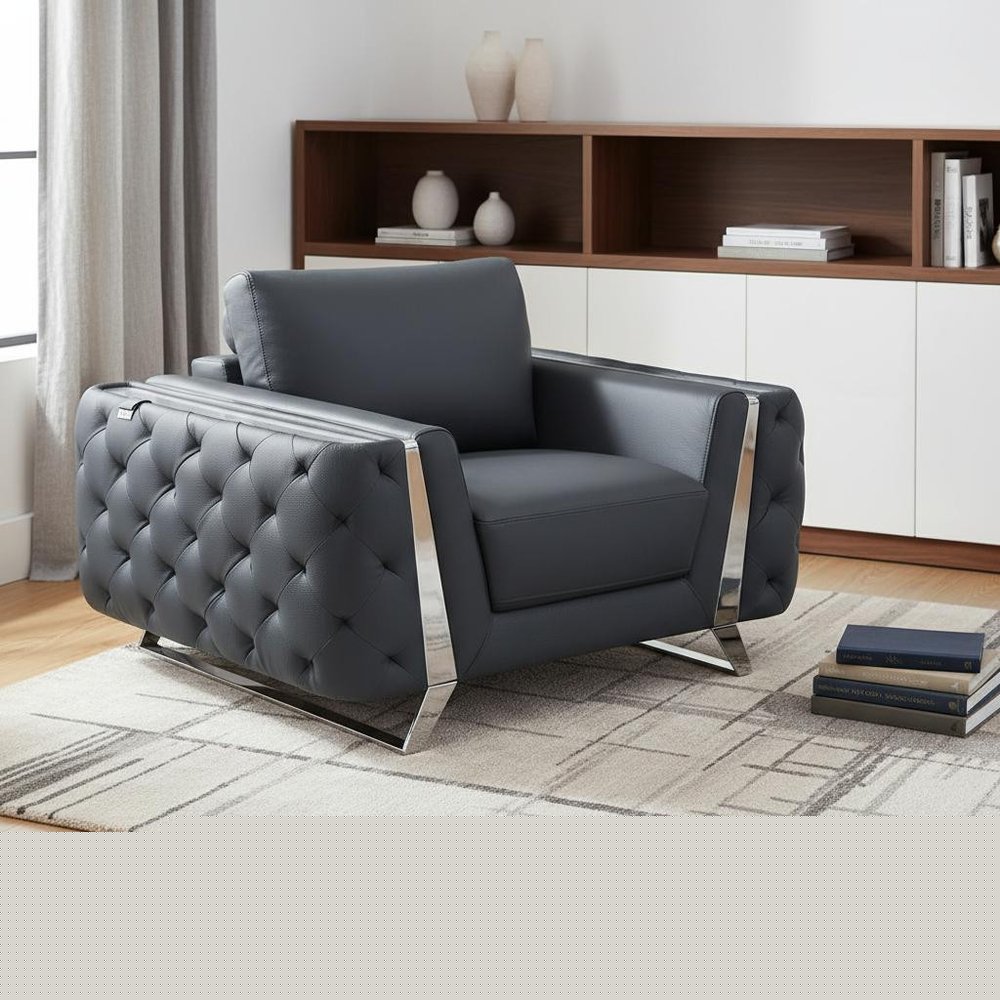 50" Dark Gray And Silver Faux Leather Tufted Club Chair