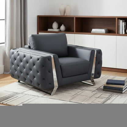50" Dark Gray And Silver Faux Leather Tufted Club Chair