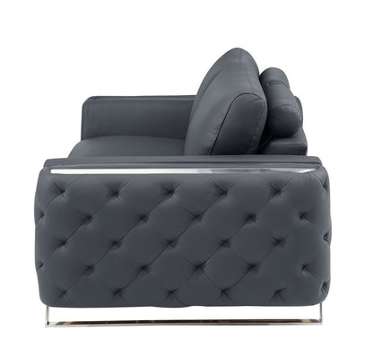 50" Dark Gray And Silver Faux Leather Tufted Club Chair